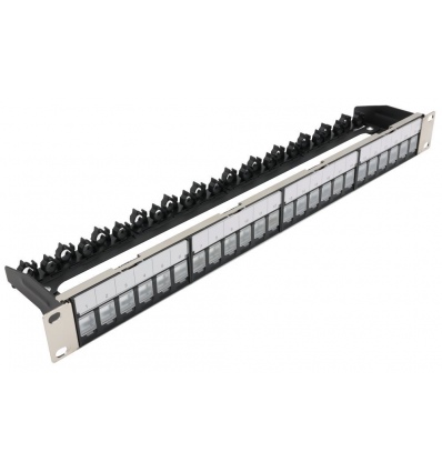 XtendLan Patch panel 19", 24 portů, neosazený, stíněný, černý, Cat5e/6/6A/7, vyvazovák-akce 10+1