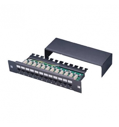 XtendLan Patch panel 10", 12 portů, 1U, Cat5e, stíněný, LSA, s krytem, vodorovné umístění konektorů, zemnič, černý