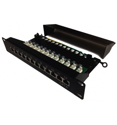 XtendLan Patch panel 10", 12 portů, 1U, Cat6, stíněný, LSA, s krytem, vodorovné umístění konektorů, zemnič, černý