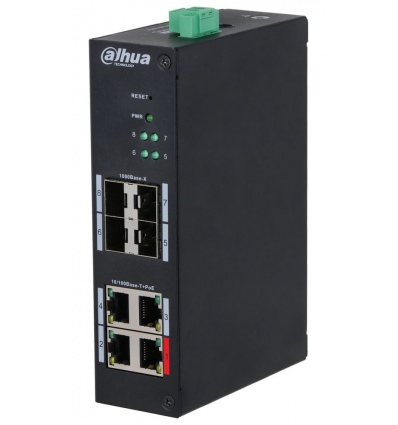 Dahua PoE L2 switch 4x 100Mb + 4x SFP 1Gb, 3xPoE 802.3af/at, 1xPoE 802.3bt/Hi-PoE do 90W, PoE celkem 96W, DIN, -30~65°C