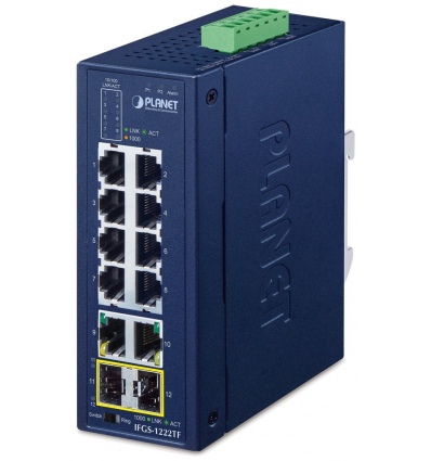 Planet IFGS-1222TF průmyslový L2 switch, 8x 10/100TX, 2x 1Gb, 2x 1Gb SFP, -40~75°C, 9-48VDC, IP30, fanless, RING
