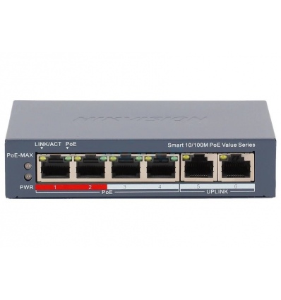Hikvision DS-3E1106P-EI/M - Smart switch 4x 100TX PoE 2x 100TX uplink, 45W, Super PoE