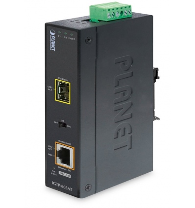 Planet IGTP-805AT Průmyslový konvertor 1x1Gb RJ45 / 1xSFP, PoE 802.3at, -40až75st, IP30, EFT+ESD, 12-48VDC, fanless