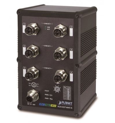 Planet IGS-5227-6MT-X vodotěsný průmyslový L3 switch, 6x1Gb M12, 9-48VDC, -40~75°C, IP67, EN50155