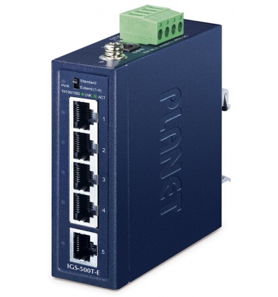 Planet IGS-500T-E, 5x 1000Base-T, DIN, IP40, rozšířený teplotní rozsah -40 až +75C, ESD+EFT do 6kV, dual 12~55VDC, 250m