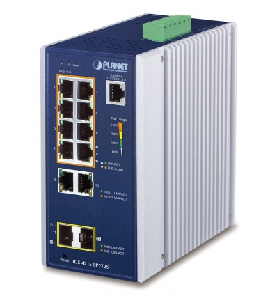 Planet IGS-4215-8P2T2S průmyslový L2 switch, 10x 1Gb, 2x1Gb SFP, 8x PoE 802.3at 240W, 48~54VDC, IP30