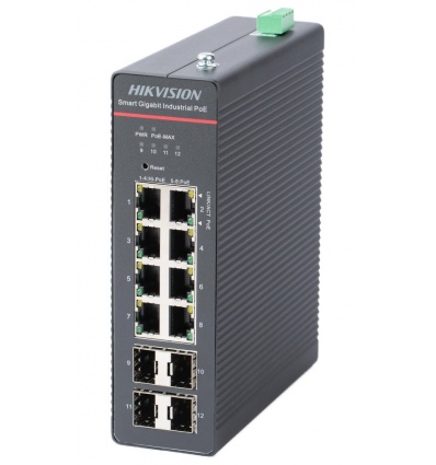 Hikvision DS-3T1512HP-SI-8P4F - Switch 8x 1Gbps RJ-45 PoE 90W na port 1-4 (celkem 300W), 4x 1Gb SFP
