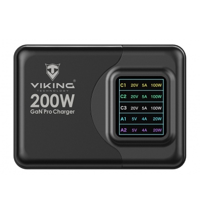 Viking USB GaN charger 200W PD PRO/síťový adaptér/Output:3xUSB-C,2xUSB-A/Rychlo nabíjení/