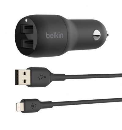 BELKIN Dual USB-A Car Charger w/ 1M PVC A-LTG, 24W, BLK