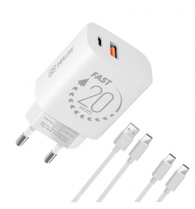OBAL:ME Cestovní Nabíječka USB-A + USB-C 20W + 2x kabel 1m White