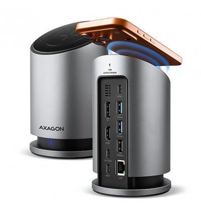 AXAGON HMC-WL9, USB 10Gbps hub s Qi, 3x USB-A, USB-C, HDMI & DP 4k/60Hz, RJ-45, PD 100W, kabel 60cm