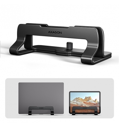 AXAGON STND-VB, vertikální hliníkový stojan pro notebooky 10"-17.3, nastavitelný rozestup, černý