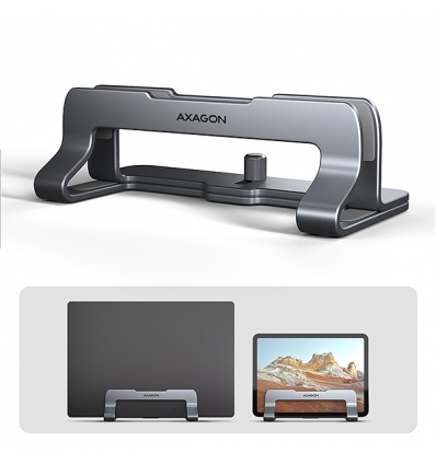 AXAGON STND-VG, vertikální hliníkový stojan pro notebooky 10"-17.3, nastavitelný rozestup, šedý