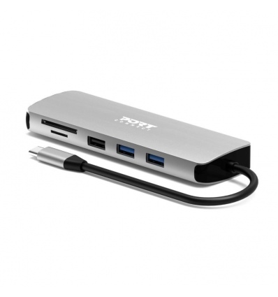 PORT CONNECT USB-C 1× 4K dokovací stanice, 9v1, hliníková konstrukce, 85W PD, stříbrná