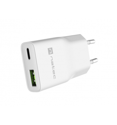Univerzální USB nabíječka Natec RIBERA GaN SLIM, 20 W, 1X USB-A + 1X USB-C, Bílá
