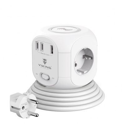 Síťový adaptér Viking AC Cube W33 /3xAC/1xUSB-A/2xUSB-C/Nabíjení Wireless/Tlačítko On/Off