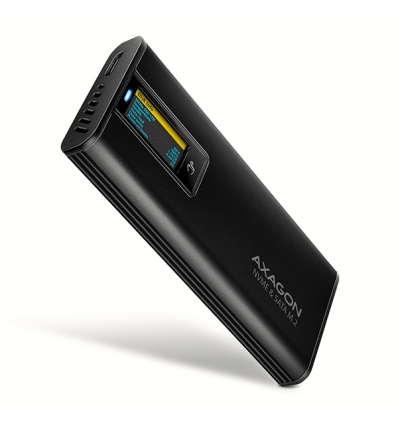 AXAGON EEM2-SD2B, USB-C 10Gbps externí box s displejem pro M.2 NVMe/SATA SSD, bezšroubkový, černý