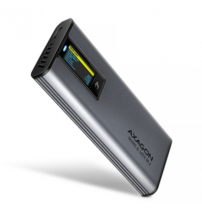 AXAGON EEM2-SD2, USB-C 10Gbps externí box s displejem pro M.2 NVMe/SATA SSD, bezšroubkový, stříbrný