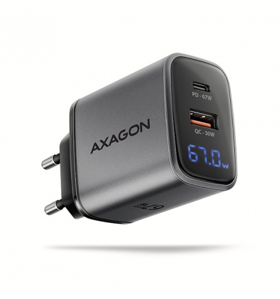 AXAGON ACU-PQ67D GaN nabíječka do sítě 67W, USB-A + USB-C, PD3.0/PPS/QC4+/SFC2.0/Apple, LCD display