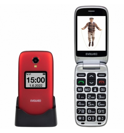 EVOLVEO EasyPhone FS, vyklápěcí telefon 2.8" pro seniory s nabíjecím stojánkem (červená barva)