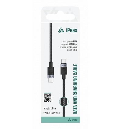 TEXTILNÍ KABEL USB-C / USB-C 1M, USB 2.0 ČERNÝ