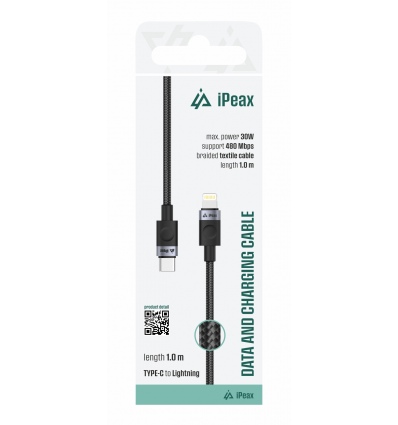 TEXTILNÍ KABEL USB-C / LIGHTNING 1M, USB 2.0 ČERNÝ
