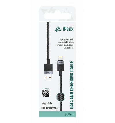 TEXTILNÍ KABEL USB-A / LIGHTNING 1M, USB 2.0 ČERNÝ