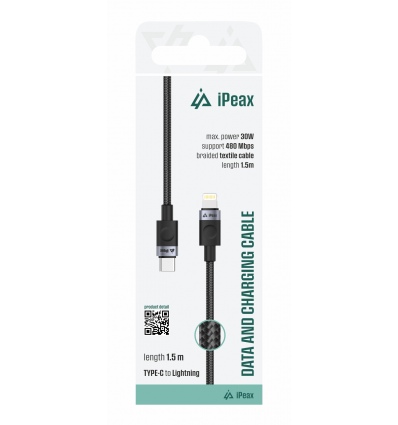 TEXTILNÍ KABEL USB-C/LIGHTNING 1,5M, USB 2.0 ČERNÝ