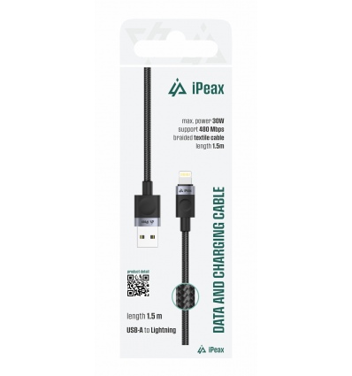 TEXTILNÍ KABEL USB-A/LIGHTNING 1,5M, USB 2.0 ČERNÝ