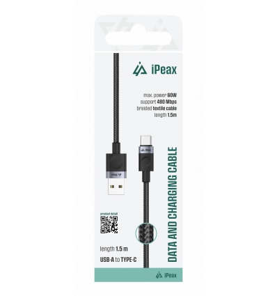 TEXTILNÍ KABEL USB-A / USB-C 1,5M, USB 2.0 ČERNÝ