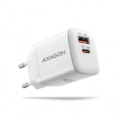 AXAGON ACU-PQ33W, GaN nabíječka do sítě 33W, USB-A + USB-C, PD3.0/PPS/QC4+/SFC2.0/Apple, bílá
