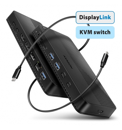 AXAGON HMC-DL-KVM, DisplayLink dokovací stanice, USB 10Gbps, HDMI + DP 4K/60Hz, RJ-45, PD 100 W, KVM
