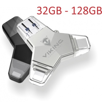 VIKING USB FLASH DISK 3.0 4v1 64GB, S KONCOVKOU APPLE LIGHTNING, USB-C, MICRO USB, USB3.0, stříbrná