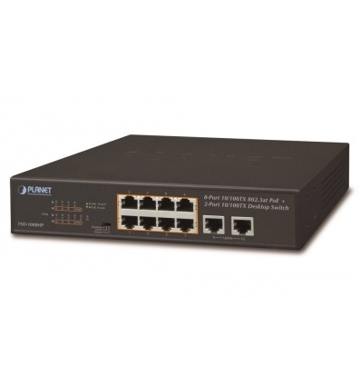 Planet FSD-1008HP PoE switch 10x 100Mb, 8xPoE 802.3at 30W/120W, VLAN, extend mód 10Mb/s do 250m, fanless