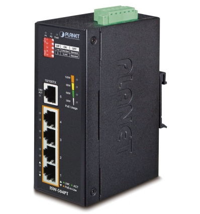 Planet ISW-504PT Průmyslový Switch 5x RJ-45, VLAN + Extend, -40~+75°C, PoE+ 802.3af/at 120W, 12-48VDC power-in