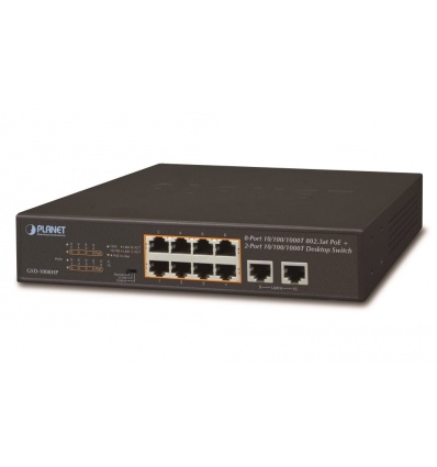 Planet GSD-1008HP, PoE switch 8x PoE 802.3at 120W+ 2x 1000Base-T, VLAN, extend mód 10Mb/s do 250m