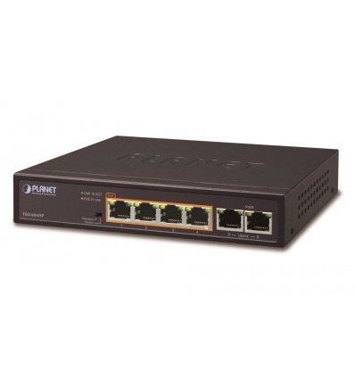 Planet FSD-604HP, PoE switch 4x PoE 802.3at 60W+ 2x 100Base-TX,VLAN,extend mód 10Mb/s do 250m, fanless,ESD