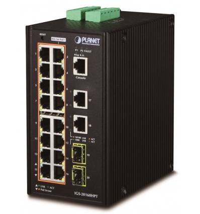 Planet IGS-20160HPT L3 switch, 18x1Gb, 2x2.5Gb SFP, 16x PoE 802.3at 320W, dual 48-56VDC, -40~75°C, IP30