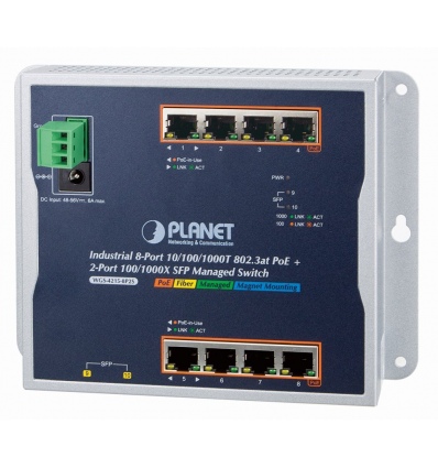 Planet WGS-4215-8P2S plochý L2/L4 switch, 8x1Gb, 2x1Gb SFP, 8x PoE 802.3at 200W, 48-56VDC, -40~75°C, IP30, fanless