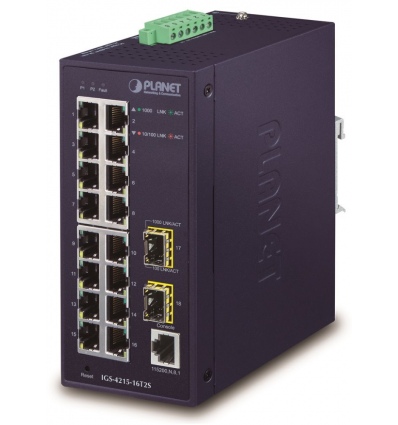 Planet IGS-4215-16T2S průmyslový L2 switch, 16x1Gb, 2x1Gb SFP, dual 12-48VDC , -40~75°C, 1x RJ45 serial port, IP30