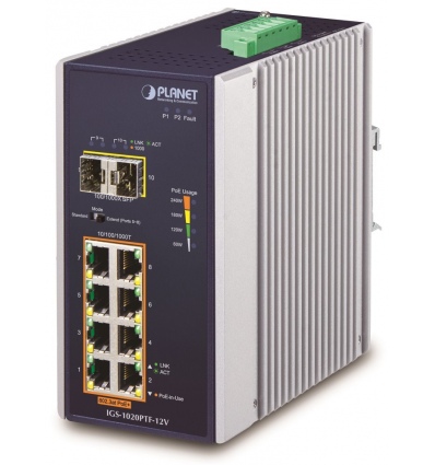 Planet IGS-1020PTF-12V Průmyslový L2 PoE switch, 8x1Gb + 2xSFP, 802.3at 30/240W, IP30, -40~+75°C, 12-56VDC