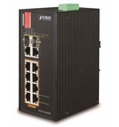 Planet IFGS-1022HPT průmyslový PoE switch, 8x100Mb + 2x1Gb/SFP, PoE 802.3at 30/240W, -40až75°C, dual 48-54VDC, IP30