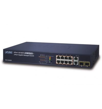 Planet FGSD-1008HPS L2 switch, 8x100Mb, 2x1Gb SFP, 8x PoE 802.3at 125W