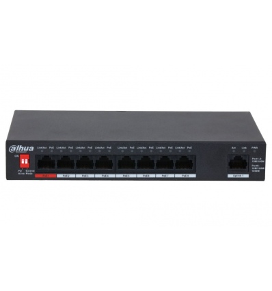 Dahua PoE switch 8x 100Mb + 1x 1Gb, 8x PoE 802.3af/at/bt/Hi-PoE, celkem PoE 96W, extend mód 10Mb@250m