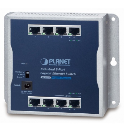 Planet průmyslový plochý switch 8x 1Gb, 12VDC, IP30, -20/60st, fanless