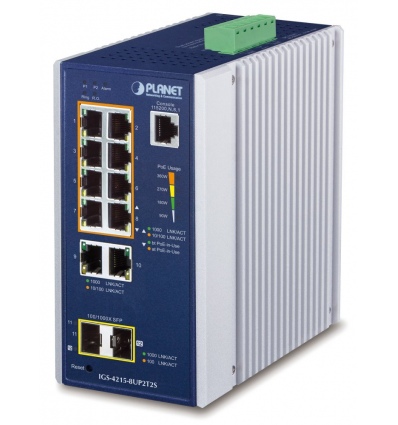 Planet IGS-4215-8UP2T2S průmyslový L2 switch, 8x1Gb, 2x1Gb SFP, 8x PoE 802.3bt 360W, 48-54VDC, -40~75°C, IP30