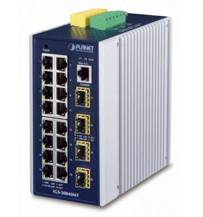 Planet IGS-20040MT L3 switch, 16x1Gb, 4x1Gb SFP, 9-48VDC, -40~75°C, IP30