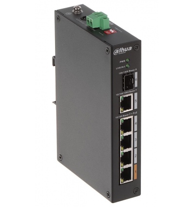 Dahua PoE switch 4x 100Mb + 1x 1Gb + 1x SFP, 4x PoE 802.3af/at/Hi-PoE celkem 60W, DIN, IP30, -30~65°C