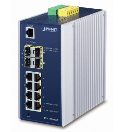 Planet IGS-12040MT L3 switch, 8x1Gb, 2x1Gb SFP, 2x2.5Gb SFP, dual 12-72VDC, -40~75°C, IP30