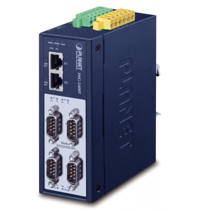 Planet MODBUS průmyslová brána RS-232/422/485 na IP, 4x COM, 100Base-TX, RTU/ACSII, -40až+75°C, 12-48VDC, IP40